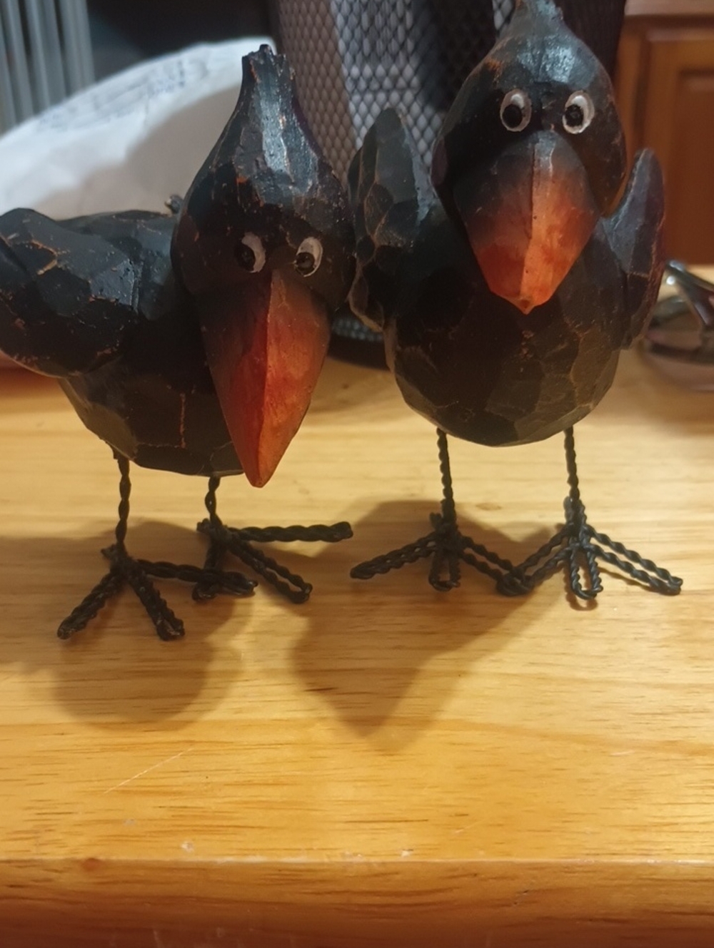 Hand-Carved Black Crow Figurines with Orange Beaks - Decorative Bird Pair
